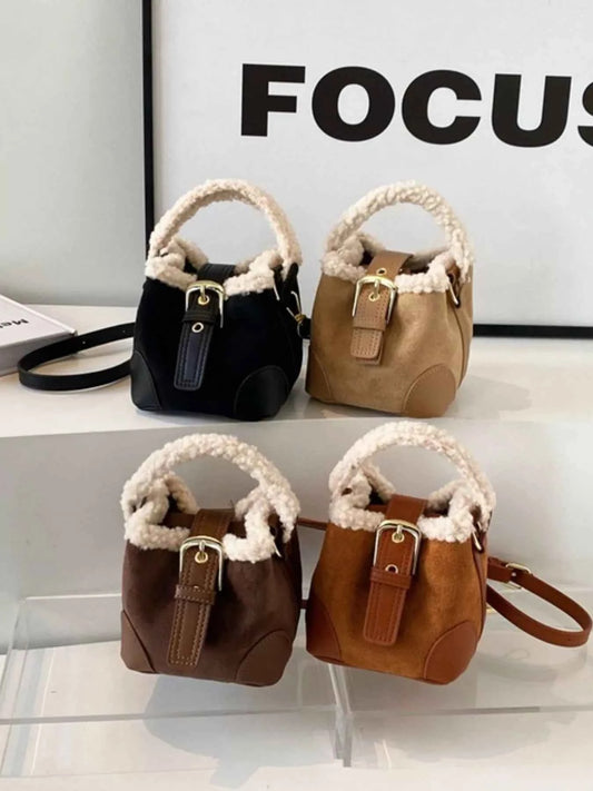 Fuzzy Trim Bucket Crossbody Bag