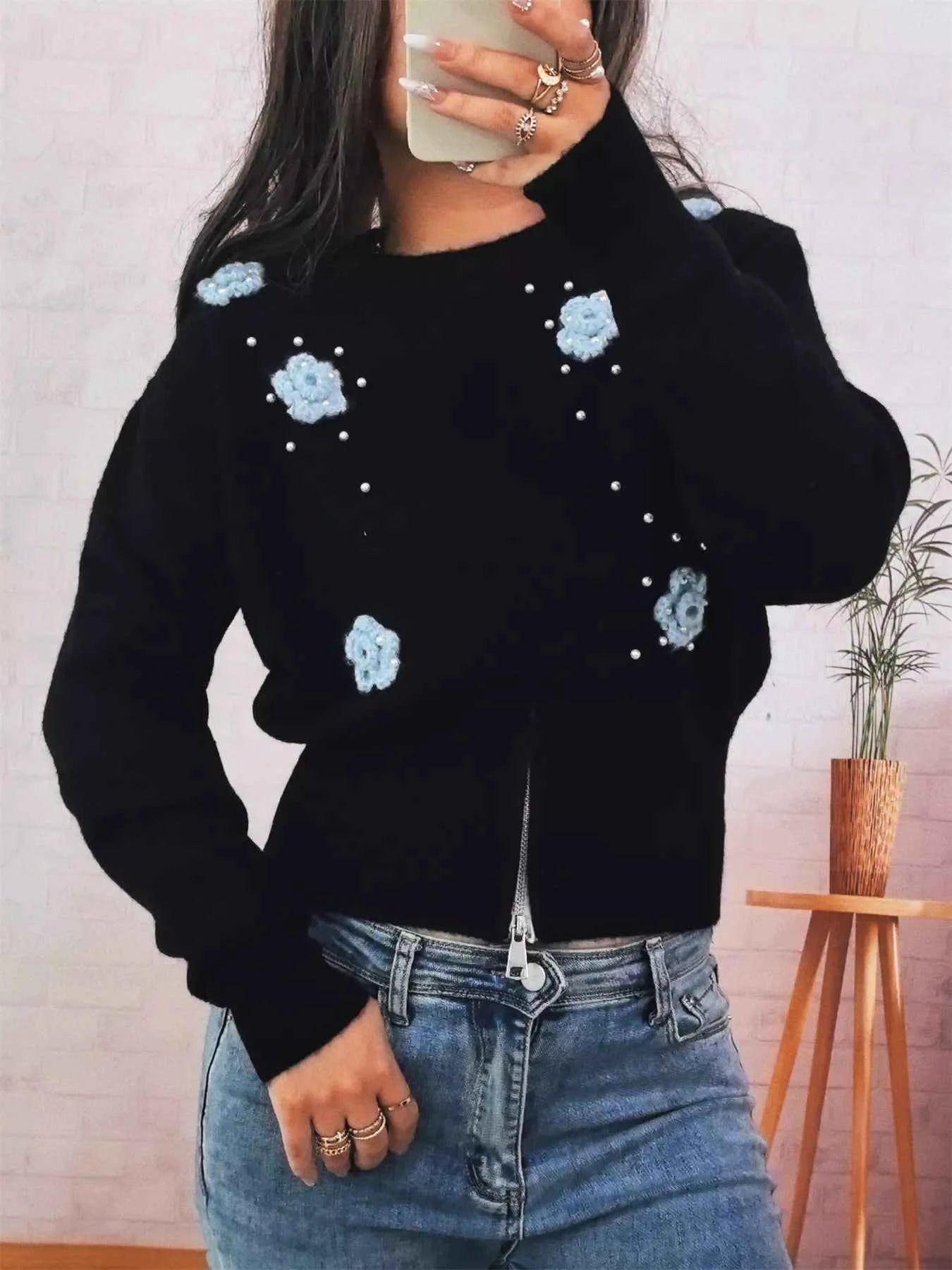 Flower Pearl Detail Ribbed Hem Sweater