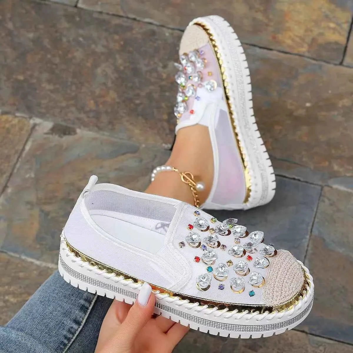 Rhinestone Decor Platform Loafers