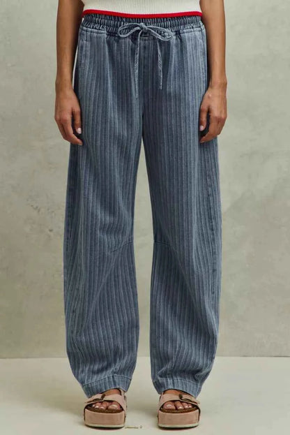 SO ME Stripe Denim Barrel Jeans Drawstring Waistband