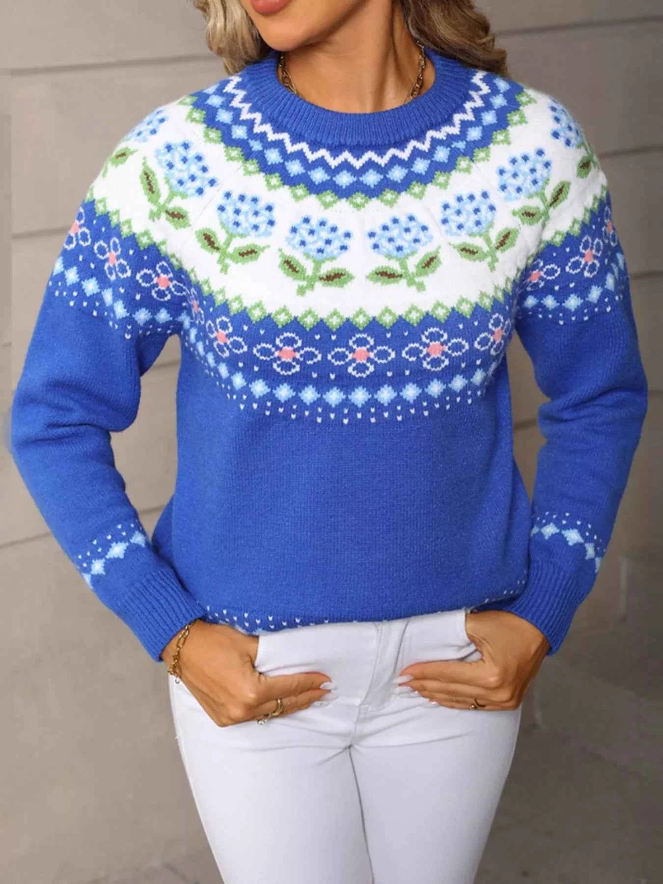 Floral Pattern Crew Neck Sweater