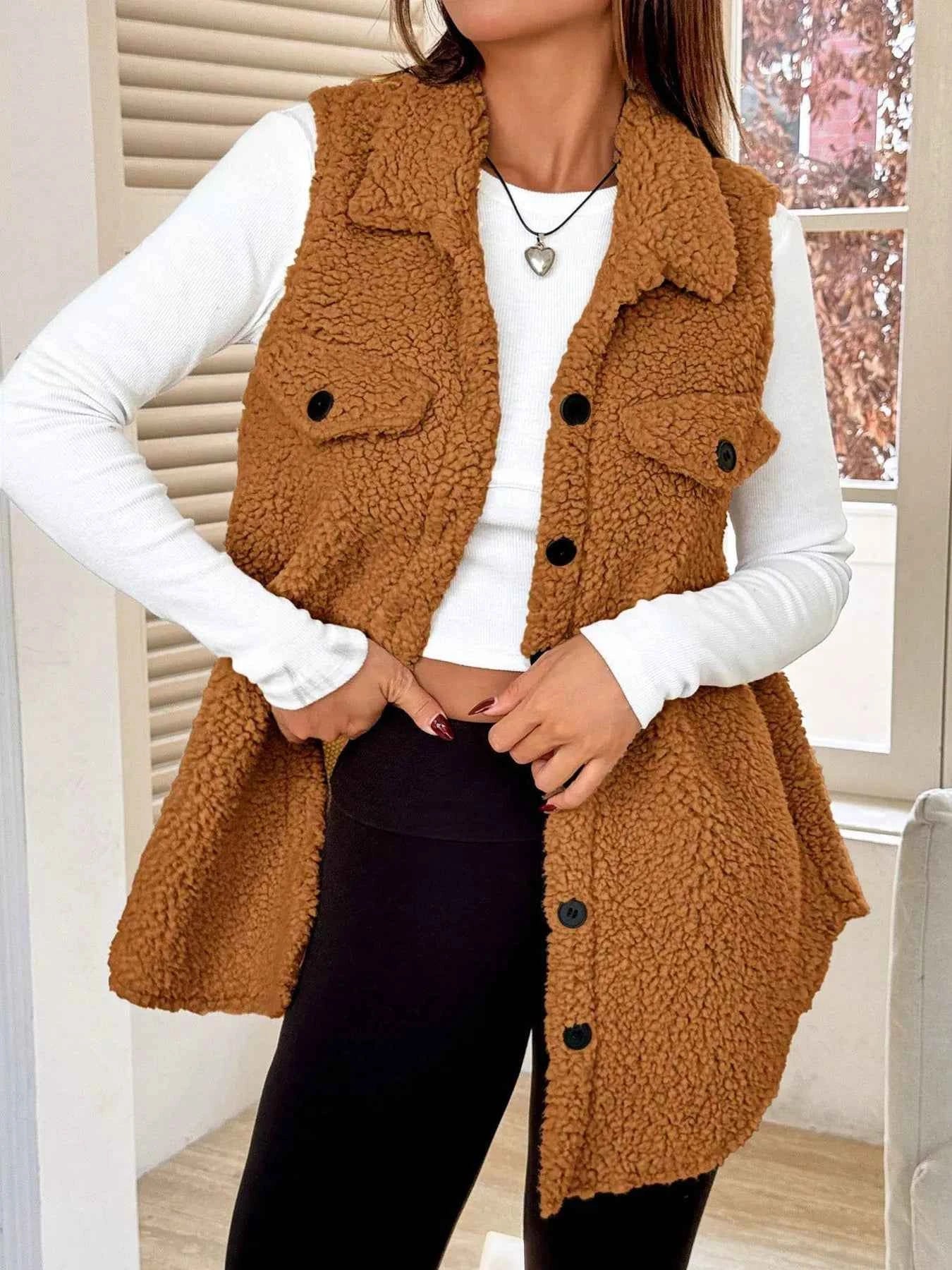 Button-Down Sherpa Fleece Vest Coat