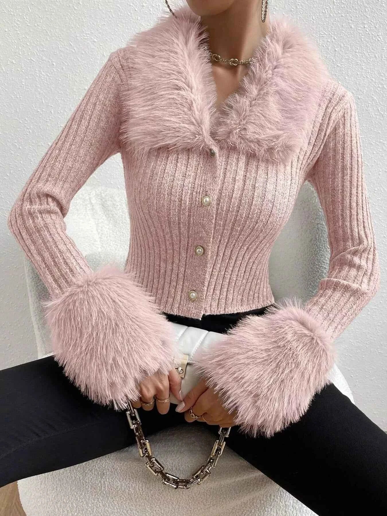 Faux Fur Trim Ribbed Knit Cropped Cardigan