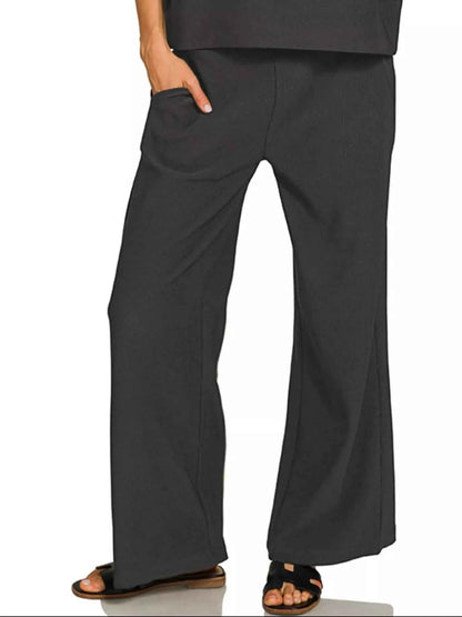 Zenana Ribbed Round Neck Tee & Pants Set