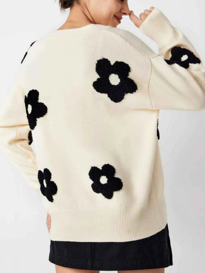 Button Down Floral Applique Knit Cardigan