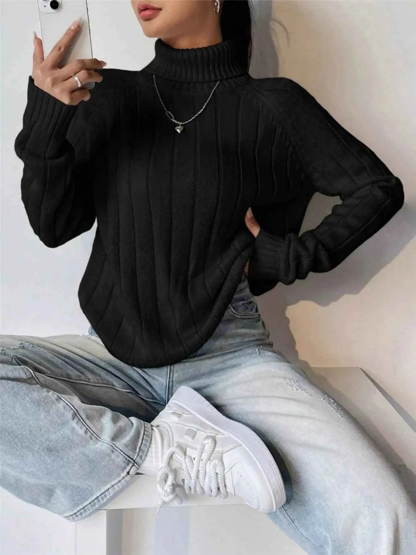 Ribbed Turtleneck Long Sleeve Sweater