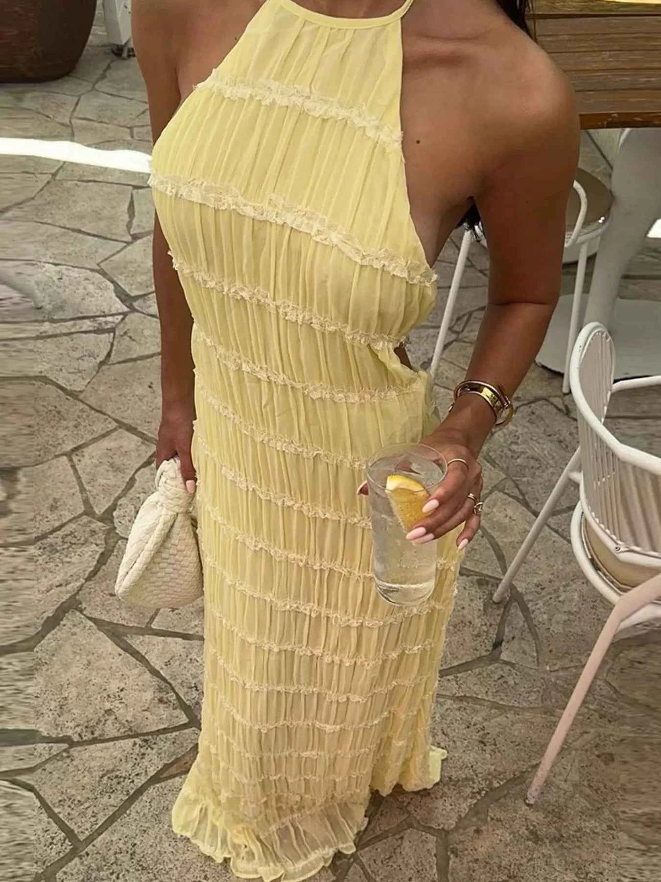 Ruched Halter Neck Maxi Dress