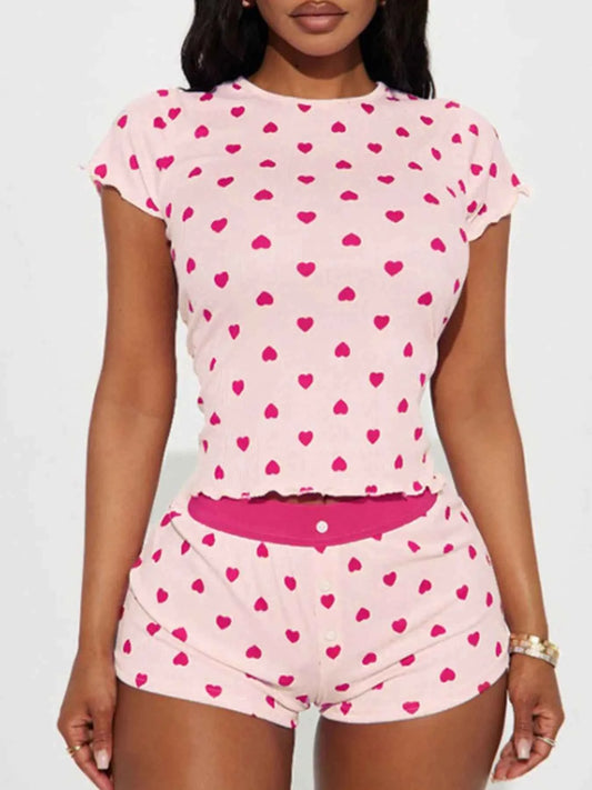 Heart Print Top and Shorts Loungewear Set