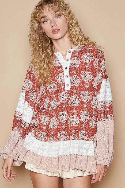 POL Ruffled Hem Floral Pattern Balloon Sleeve Hoodie