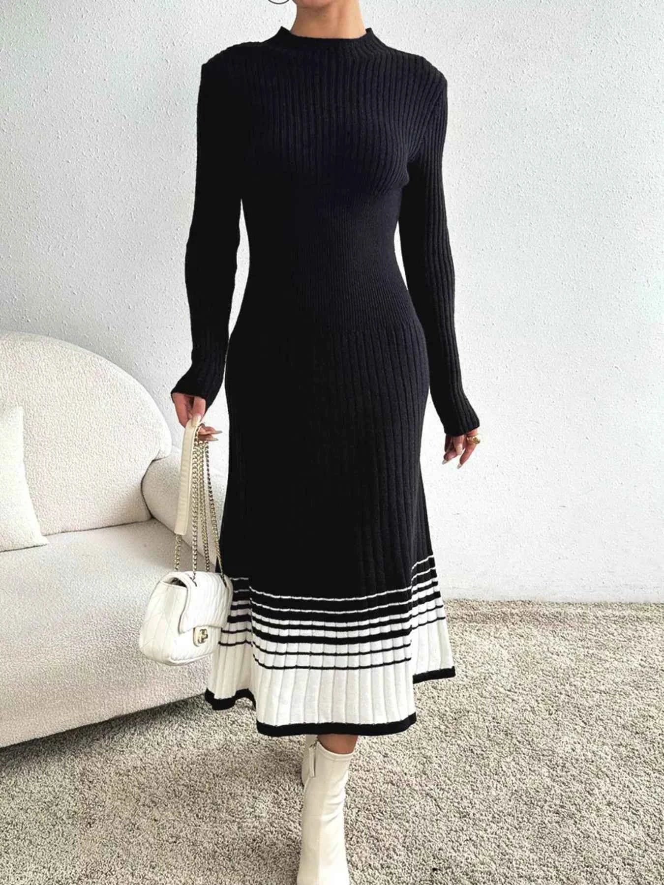 Ribbed Knit Sweater Dress with Striped Hem