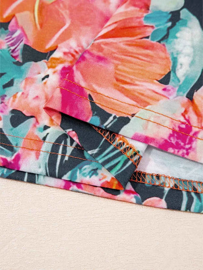 Floral 3/4 Flare Sleeve Tied Neck Blouse