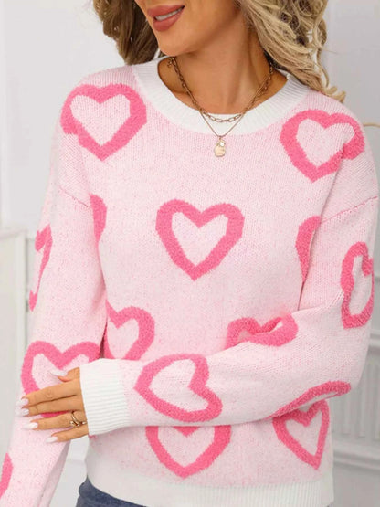 Valentine's Day Heart Pattern Round Neck Sweater