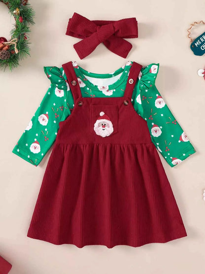 Children's Christmas Bodysuit and Overall Dress Set with Headband