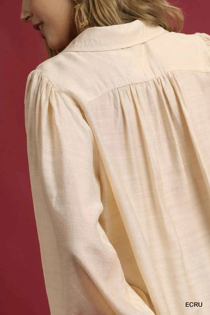 Umgee Long Sleeve Blouse with Leopard Print Trim