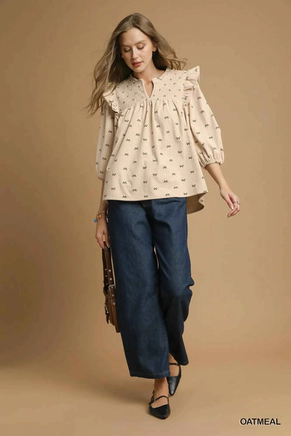 Umgee Bow Print Corduroy Puff Sleeve Blouse with Ruffled