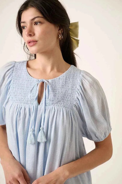 Mittoshop Tassel Tie Plaid Gauze Short Sleeve Mini Dress