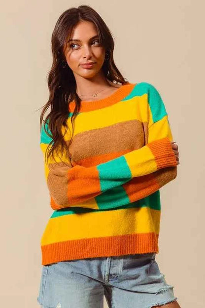 SO ME Multi Color Stripe Sweater with Ribbed Detail