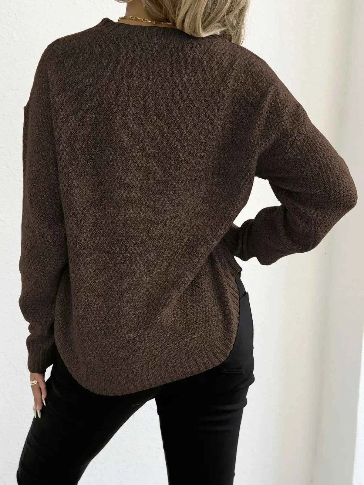 Textured Knit Relaxed Fit Round Neck Sweater