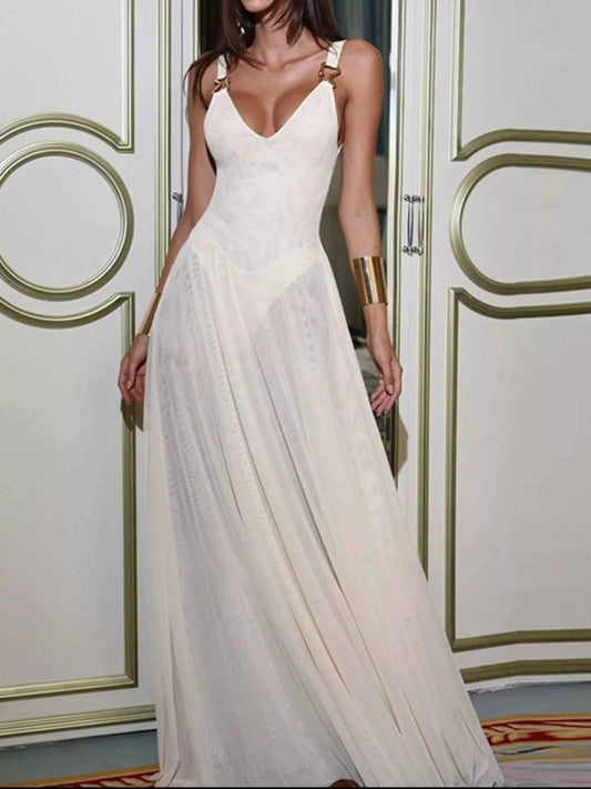 Sleeveless Sheer Maxi Dress with Gold Hardware Detail