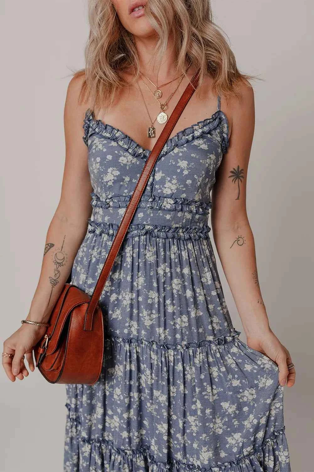 Floral Spaghetti Strap Frilled V Neck Tiered Midi Dress