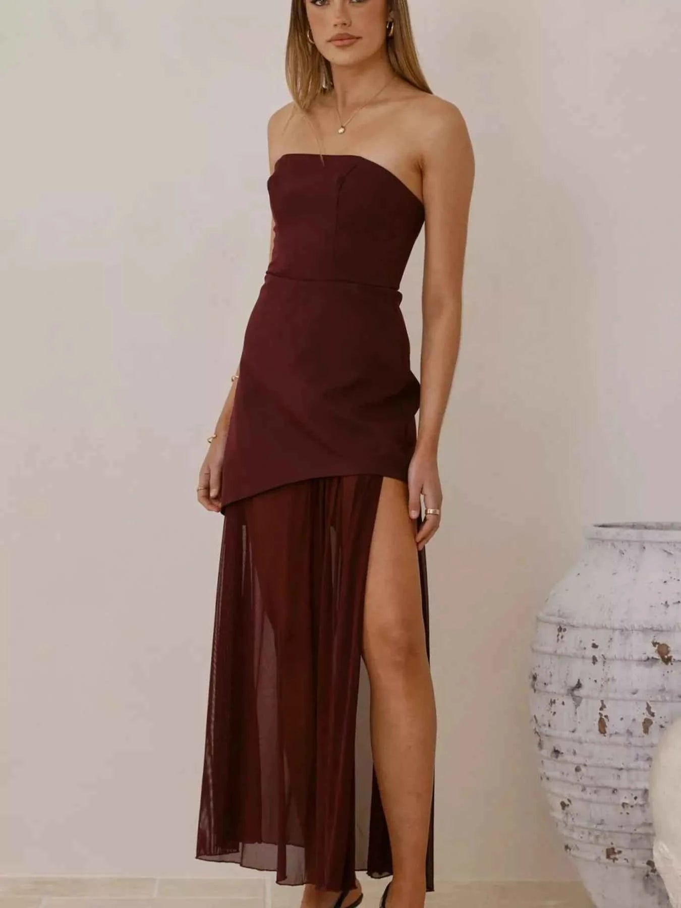 High Slit Mesh Tube Maxi Dress