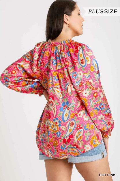 Umgee Full Size Satin Paisley Ruffle Neck Button-Up Shirt Plus Size