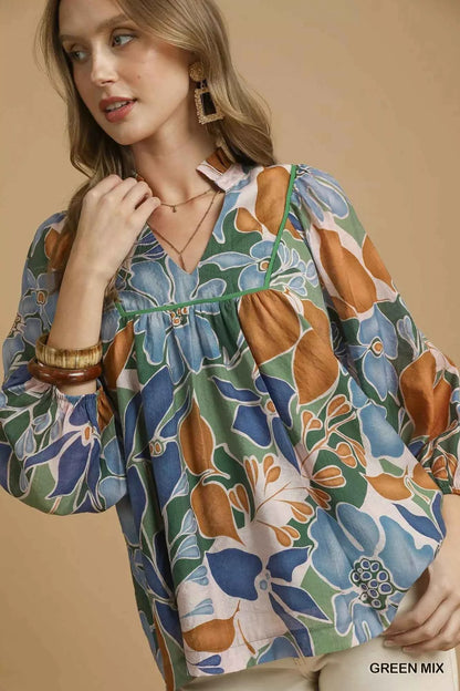 Umgee Multicolor Abstract Floral Print Blouse with Ruffle Neck