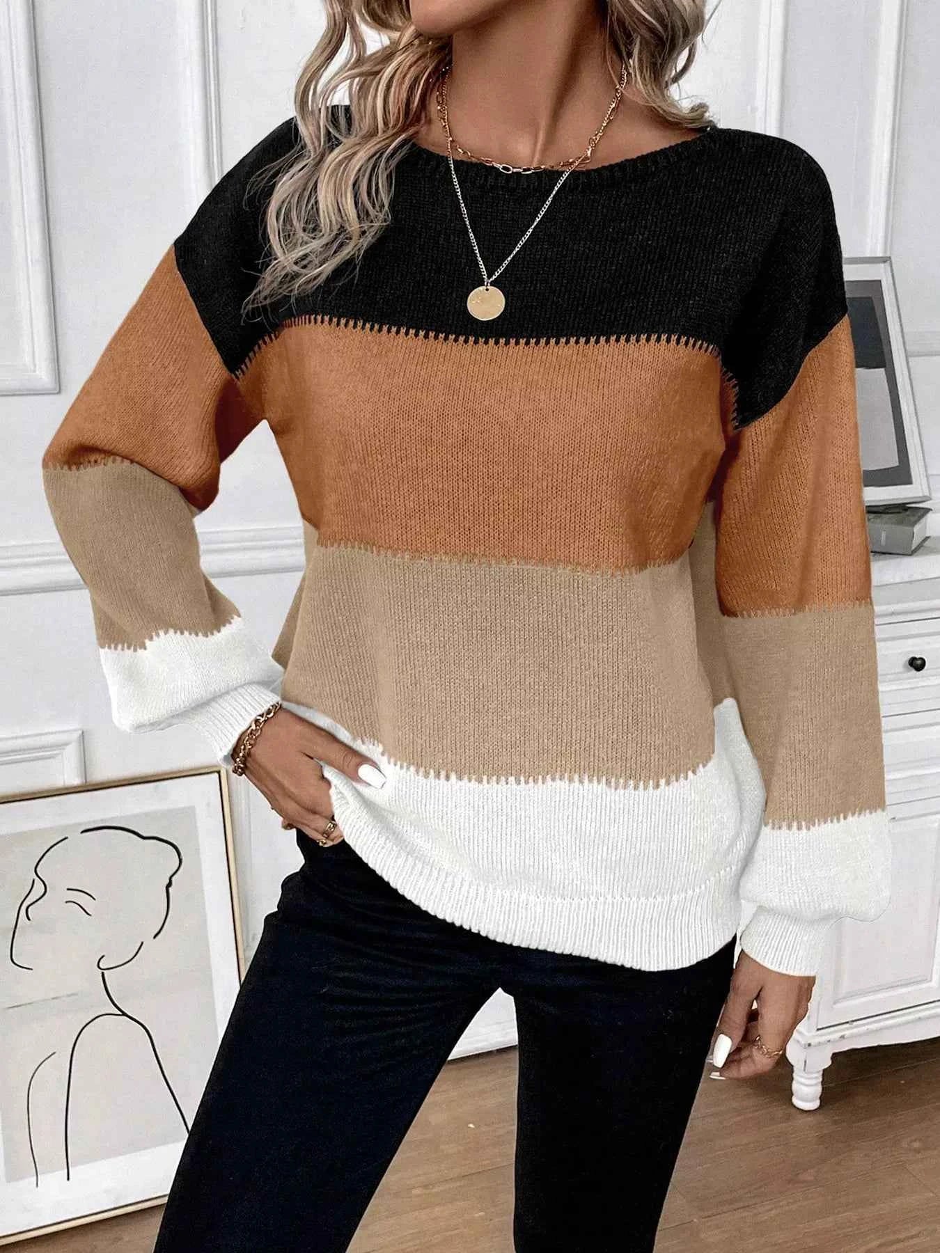 Color Block Round Neck Knit  Sweater