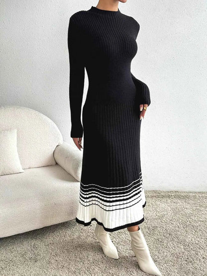 Ribbed Knit Sweater Dress with Striped Hem