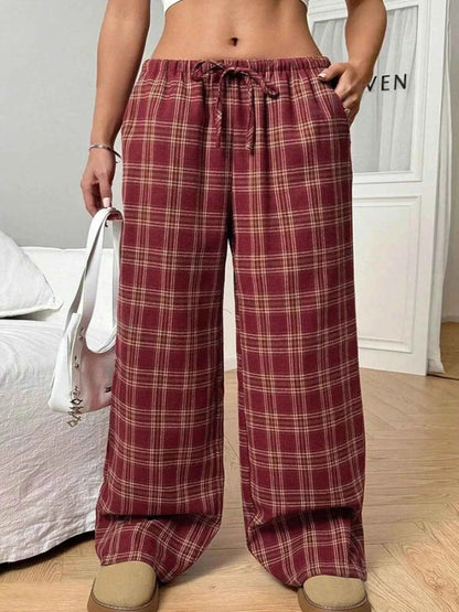 Plaid Drawstring Wide Leg Pants