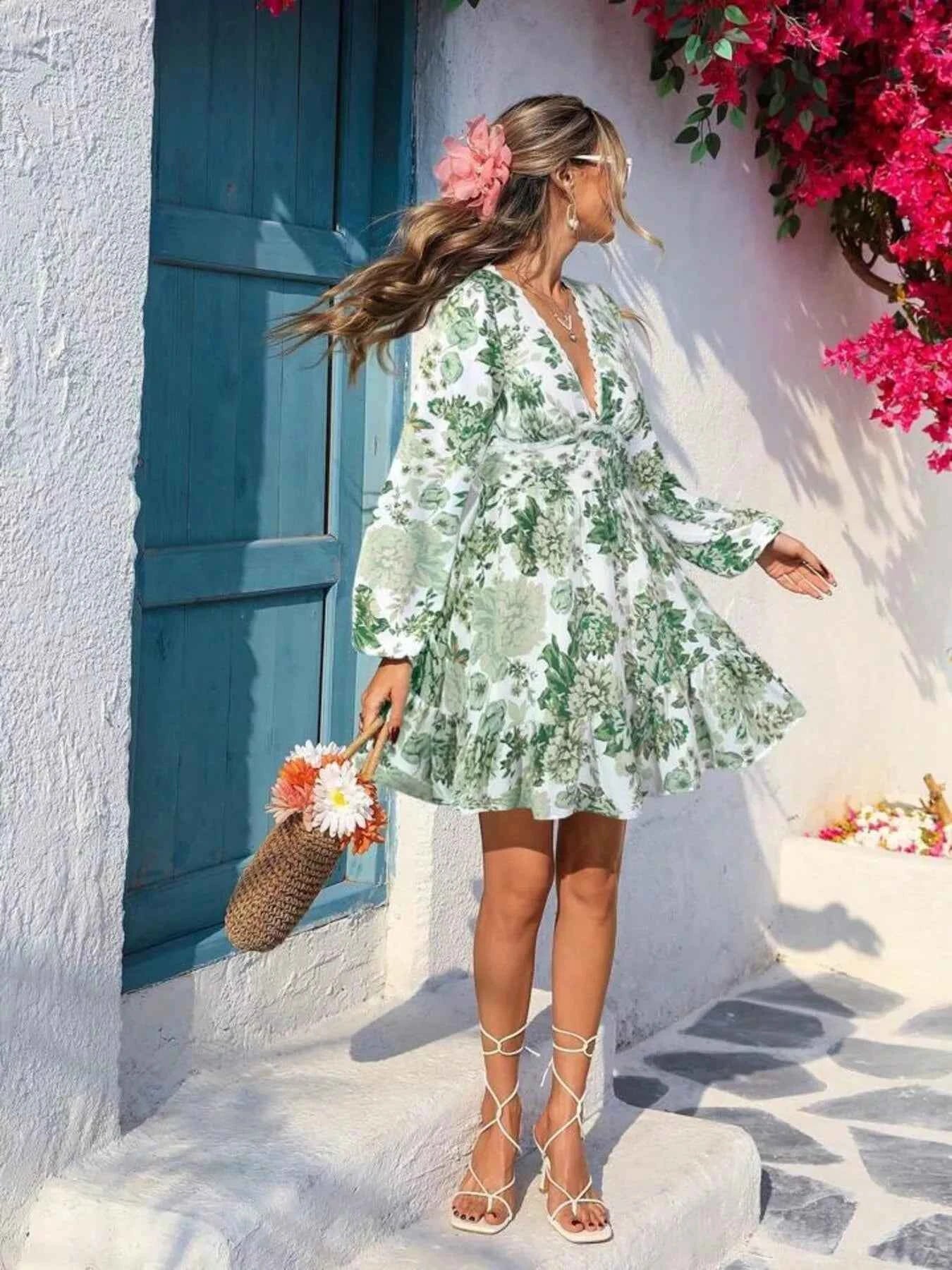 Full Size Floral Print V-Neck Long Sleeve Ruffle Hem Mini Dress Plus Size