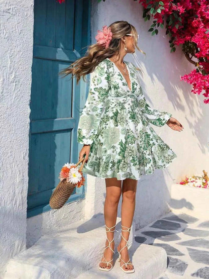 Full Size Floral Print V-Neck Long Sleeve Ruffle Hem Mini Dress Plus Size