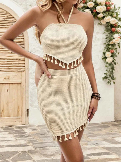 Waffle-Knit Halter Neck Top and Skirt Set