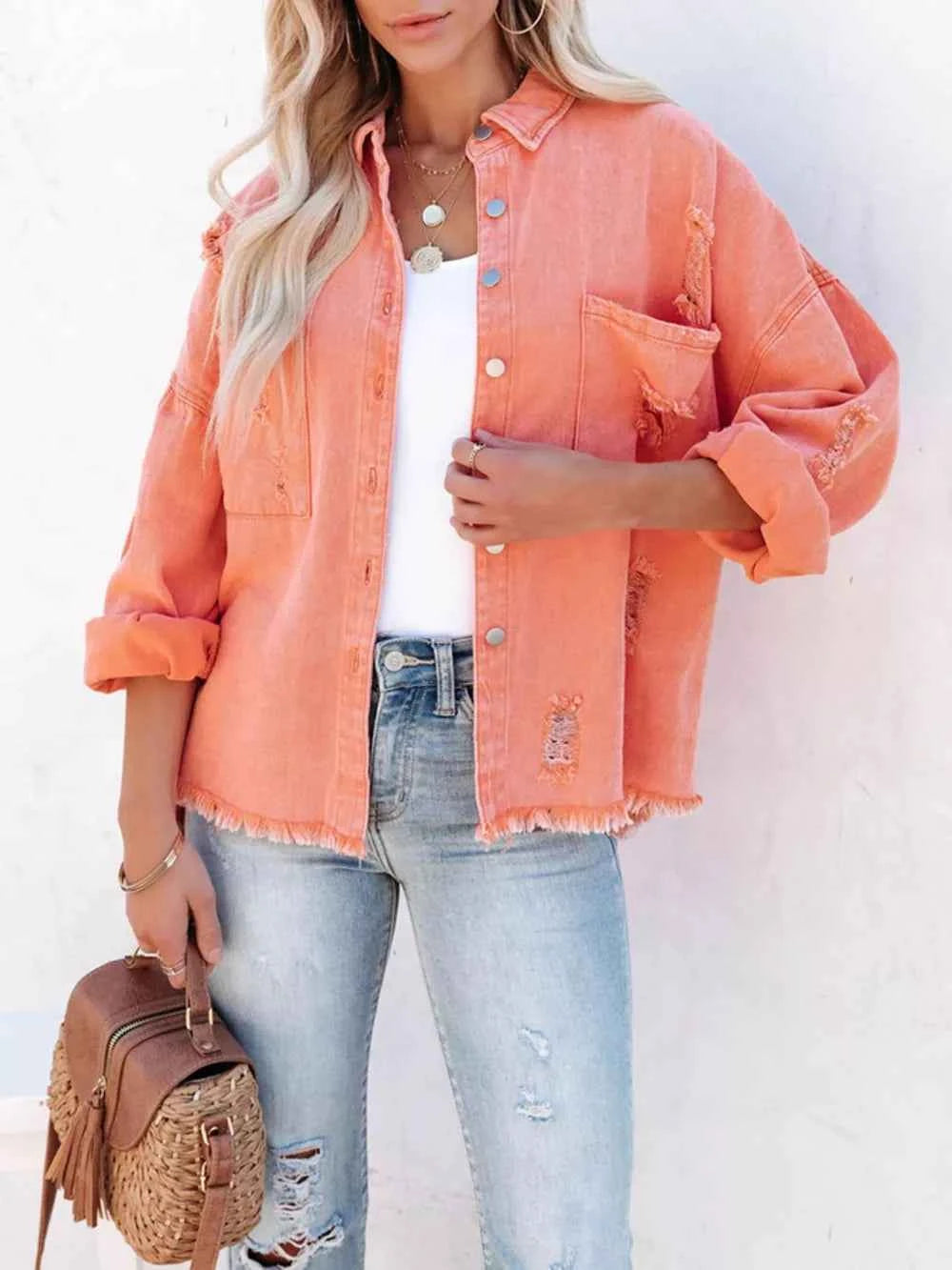Raw Hem Button Up Denim Shacket