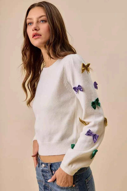 SO ME Mardi Gras Glitter Bow Ribbon Sweater Knit Top