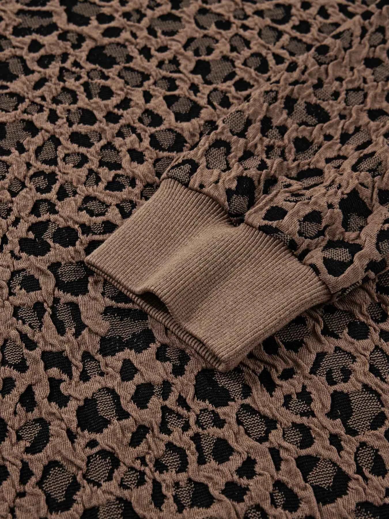 Ribbed Trim Leopard Print Long Sleeve Top