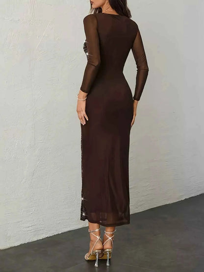 Rhinestone Embellished Mesh Long Sleeve Dress