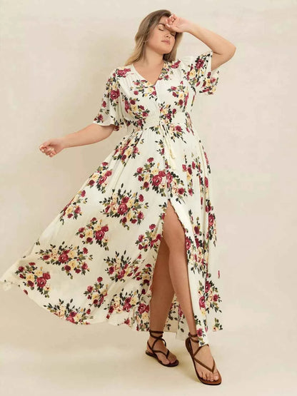 Plus Size Floral Flutter Sleeve Maxi Dress with Button Front