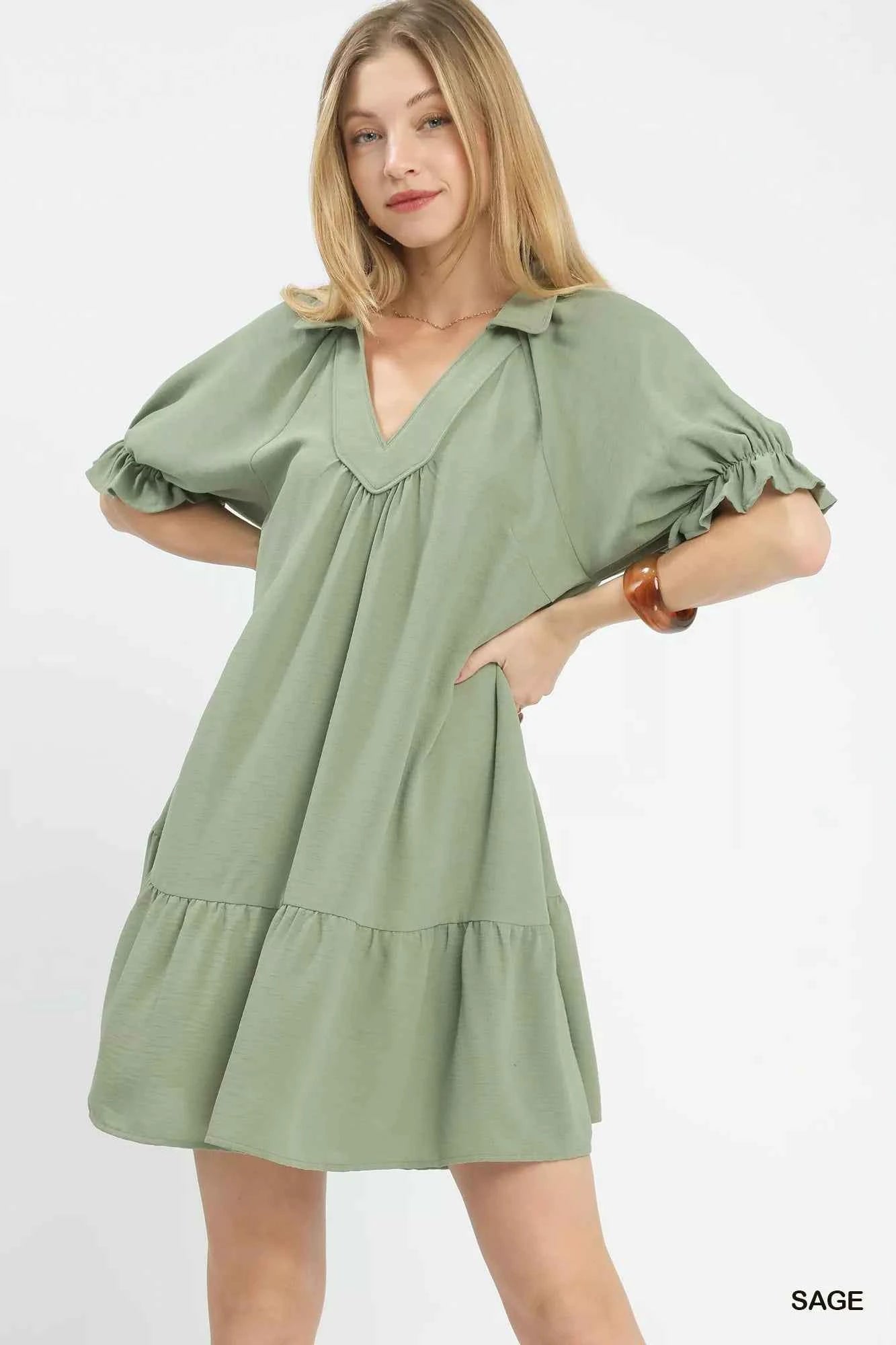 Umgee Tiered Puff Sleeve Babydoll Dress