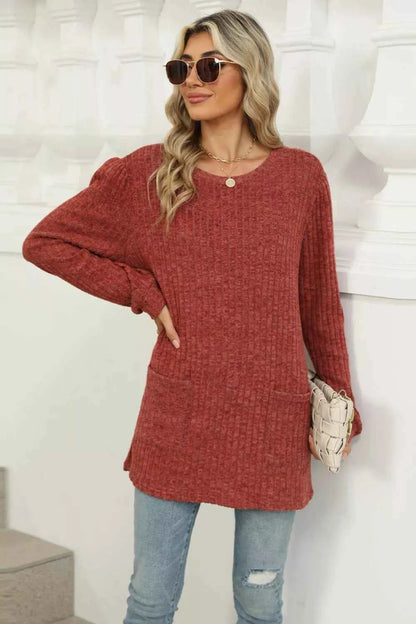 Long Sleeve Ribbed Knit Top with Front Pockets