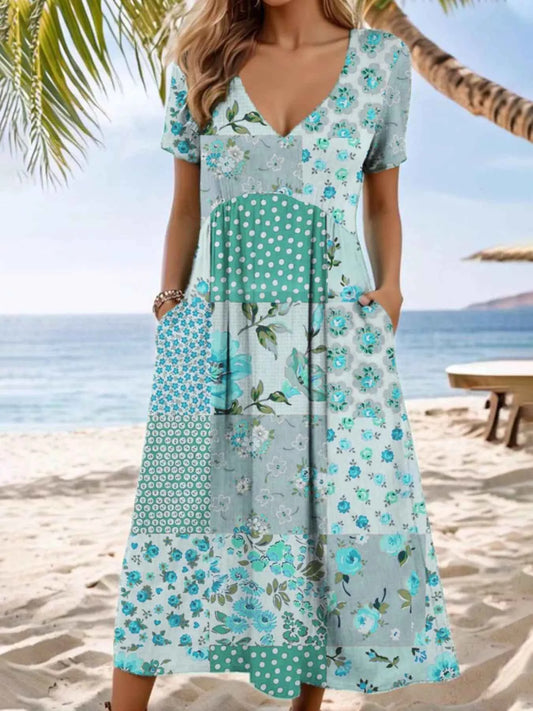 Full Size Floral V-Neck Casual Midi Dress Plus Size