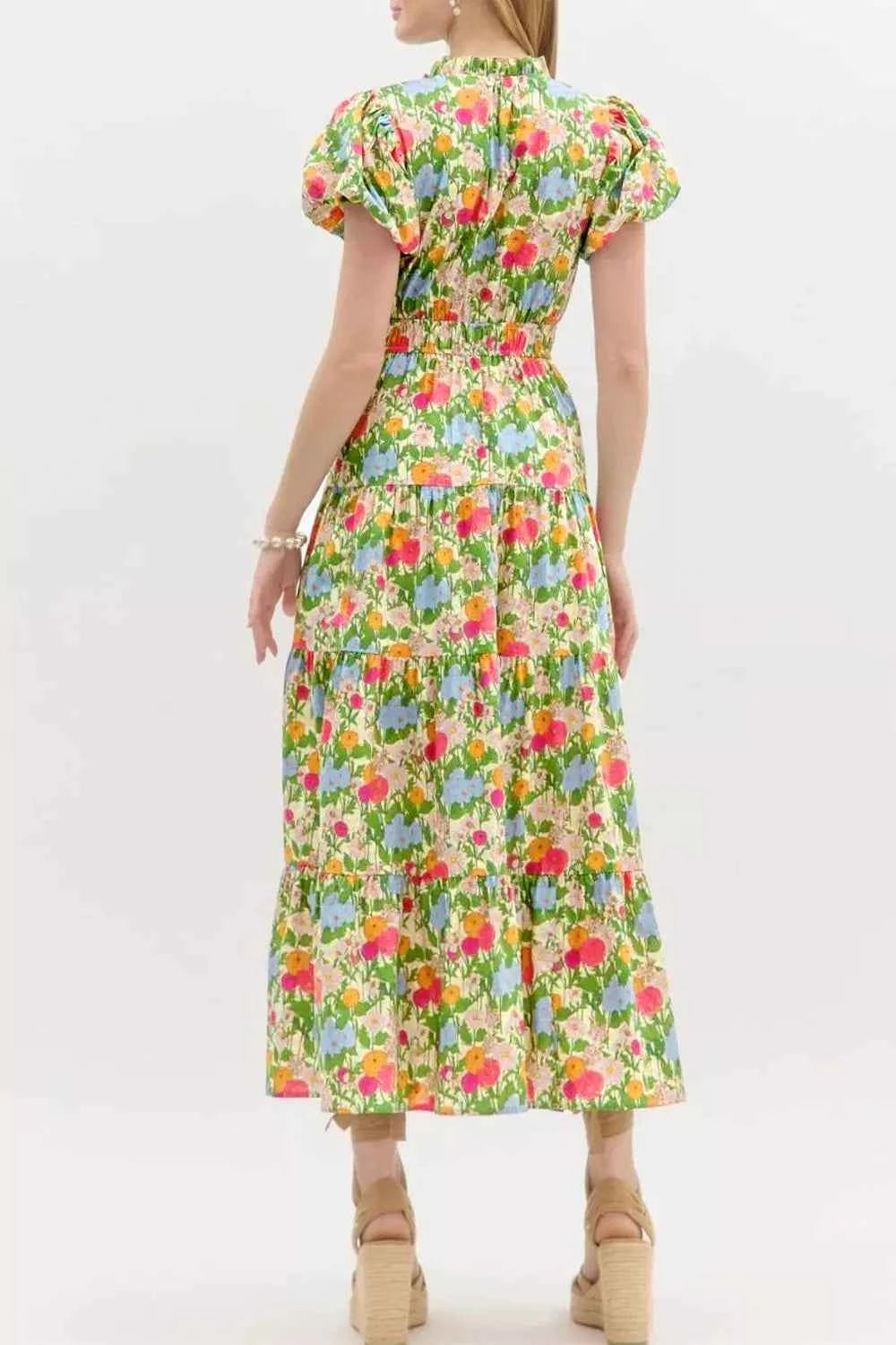 Floral Print V Neck Short Puff Sleeve Cotton Maxi Dress