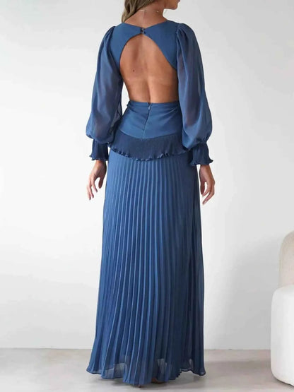 Backless Pleated Long Sleeve Maxi Dress