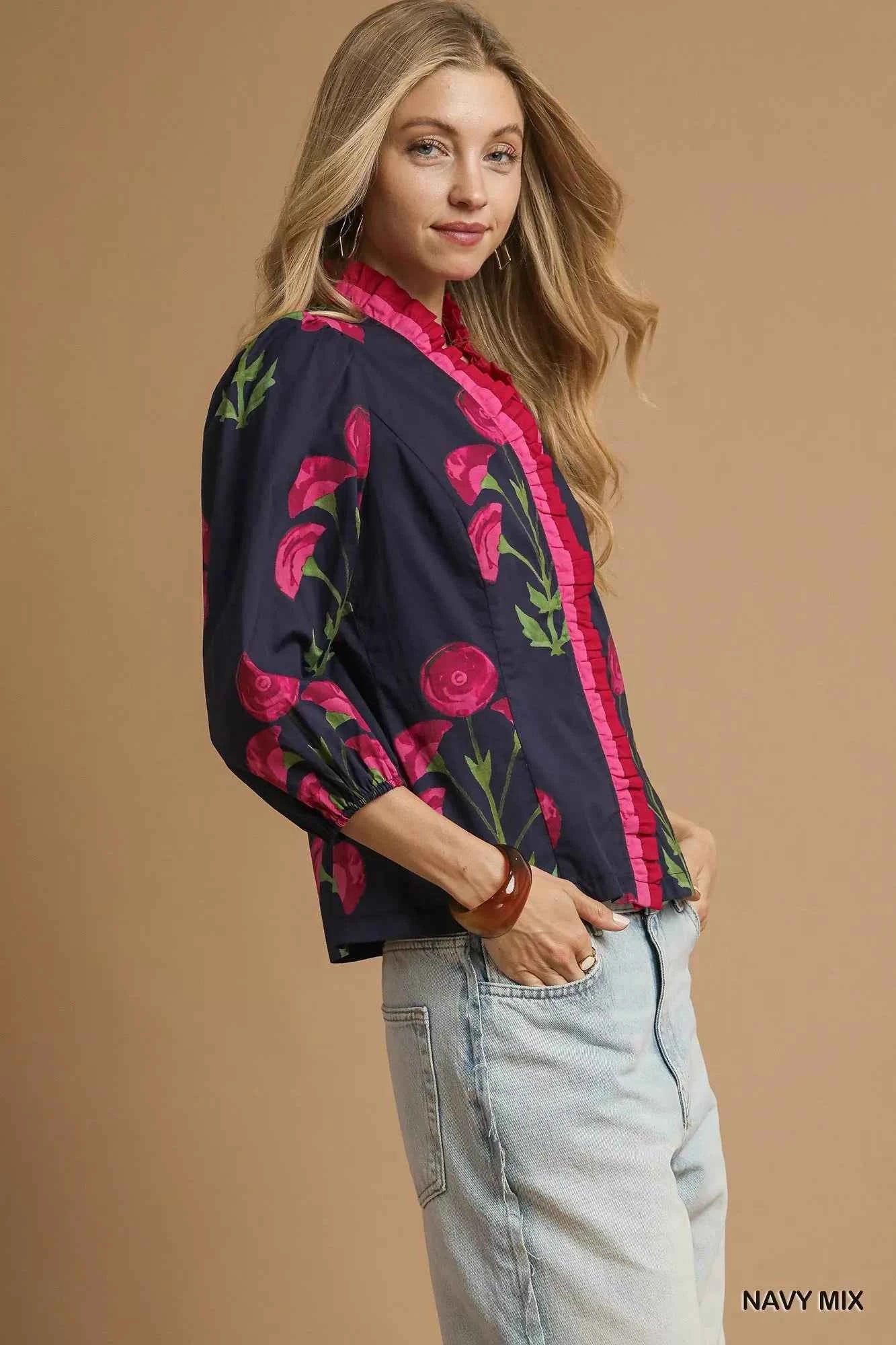 Umgee Floral Print Ruffle Trim Puff Sleeve Blouse