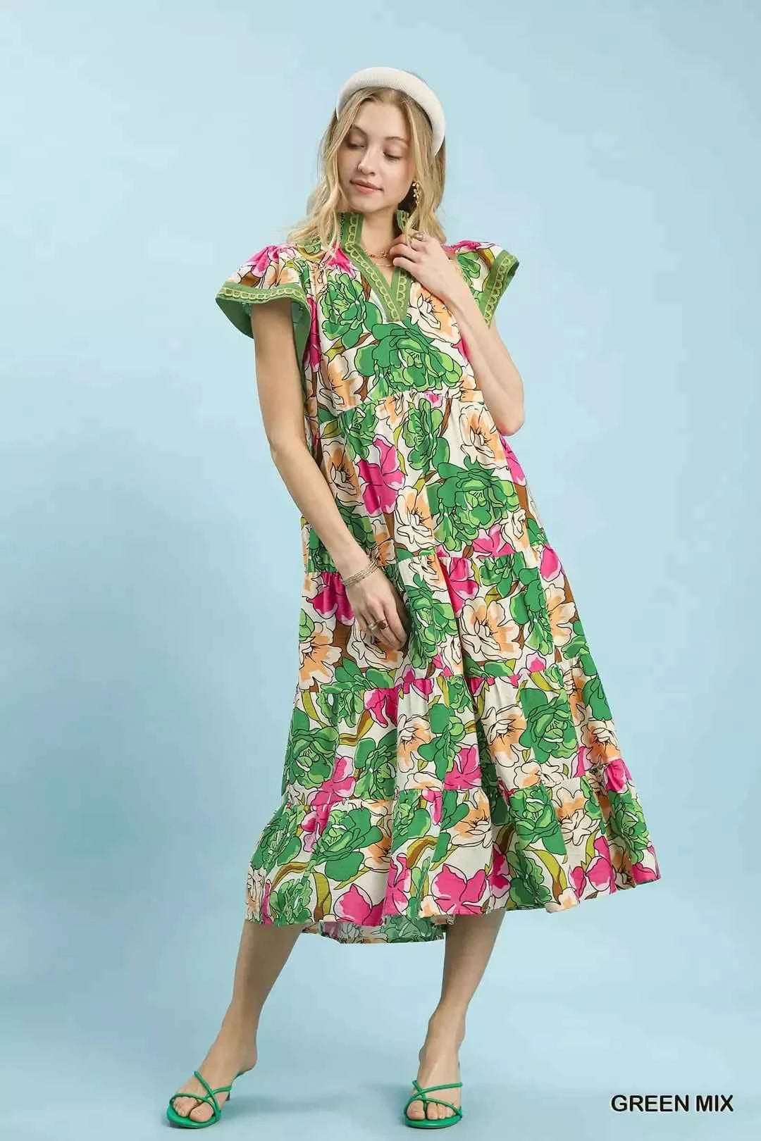 Umgee Mix Bold Floral Tiered Midi Dress