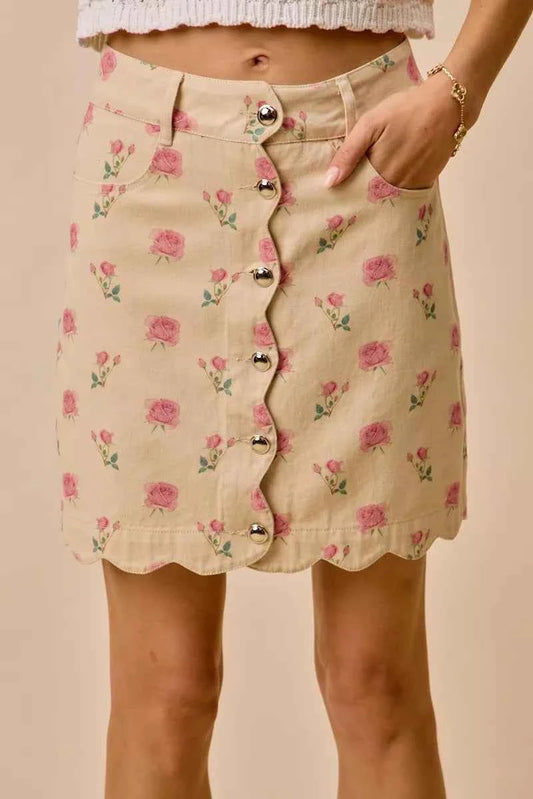 SO ME Floral Rose Print Cotton Twill Scallop Mini Skirt