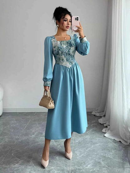 Floral Square Neck Lantern Sleeve Dress