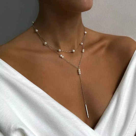 Double Layered Pearl Y-Shaped Necklace