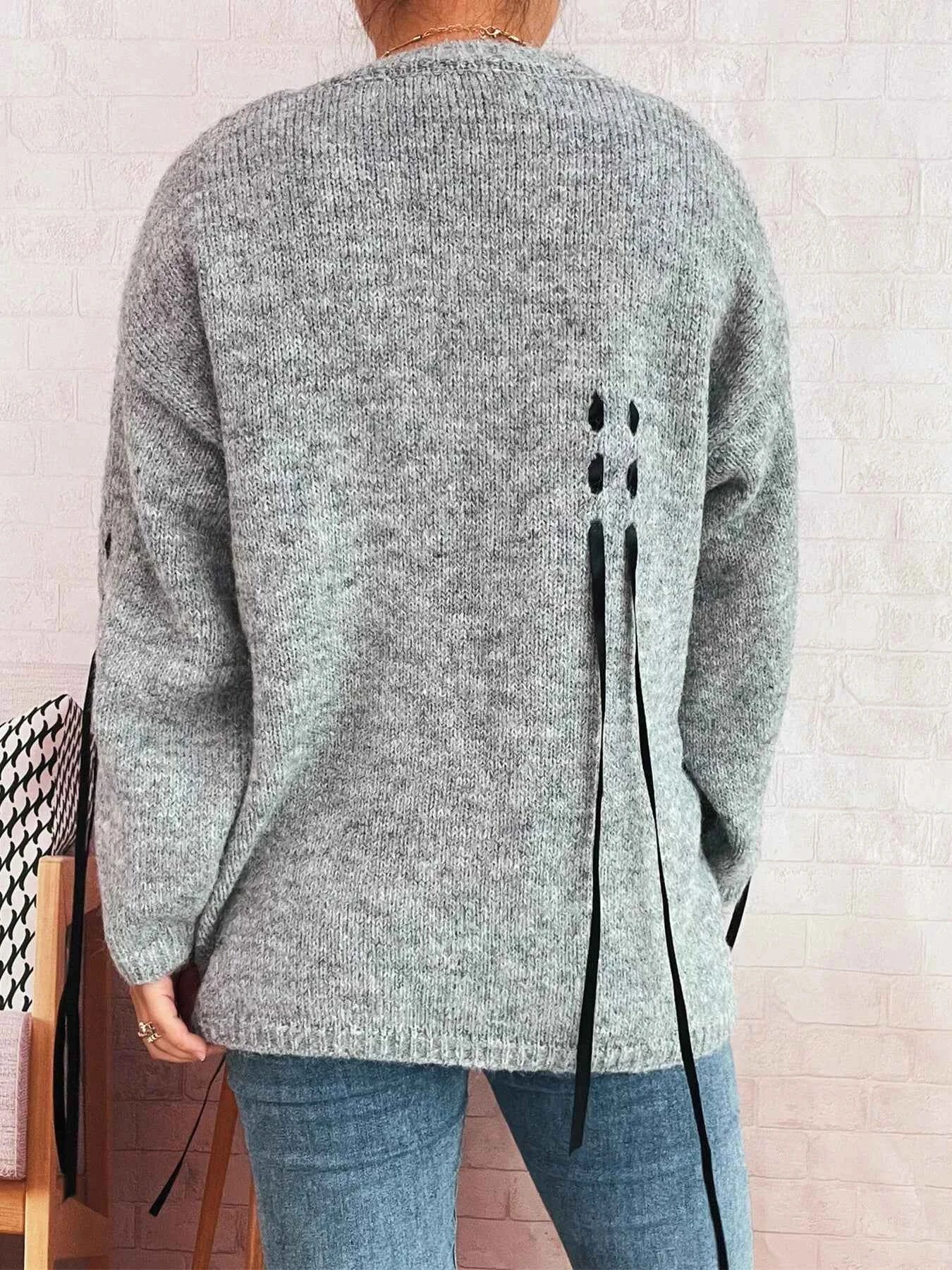 Round Neck Long Sleeve Sweater with Ribbon Details