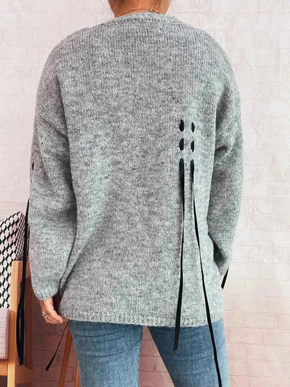 Round Neck Long Sleeve Sweater with Ribbon Details